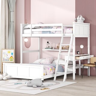 White Pine Wood Bunk Bed with Desk, Drawers, Movable Lower Bed, Guardrail