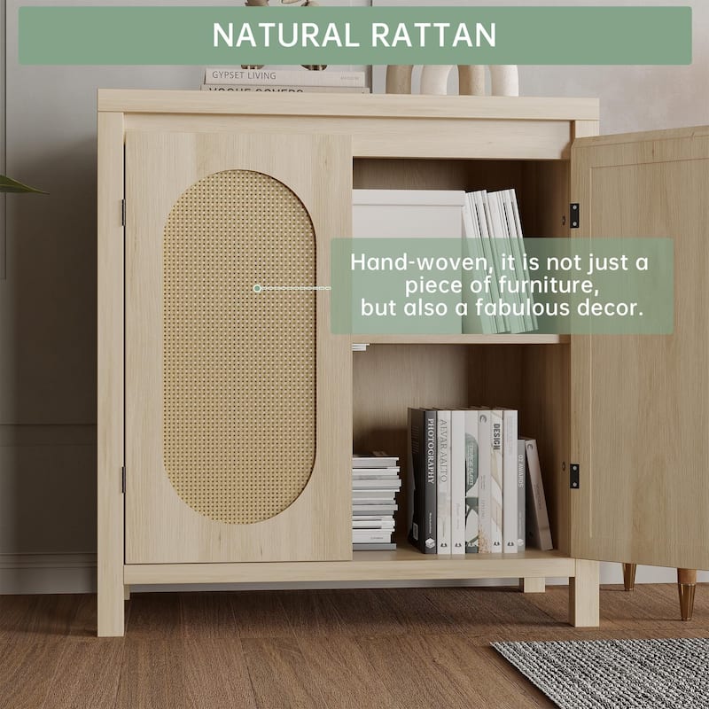 Rattan Storage Cabinet with PVC Woven Doors, Wooden Sideboard Buffet, with Adjustable Shelf, Multifunctional Cupboard
