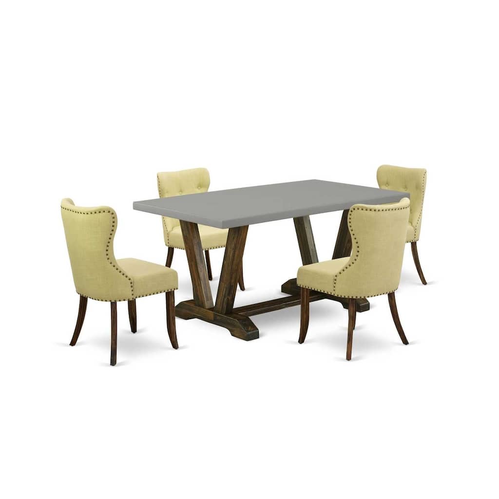 HomeStock 5-Piece Rectangle Distressed Jacobean Finish Solid Wood Top Dining Table with 4 Parson Chair with Lattice Back