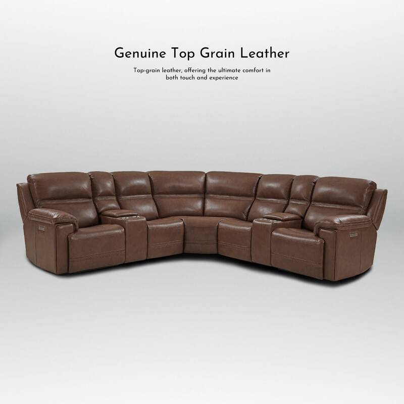 7PCS, 2 power Recliners, Dual-Power Genuine Leather Reclining Sectional with Console, Zero Gravity
