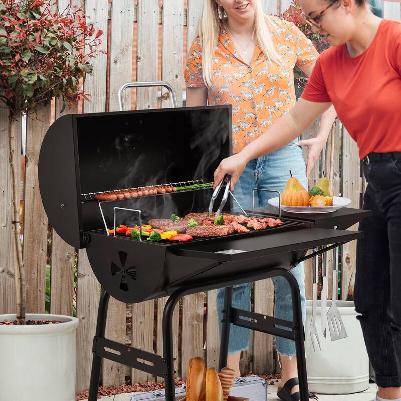 Royal Gourmet CC1624 Barrel Charcoal Grill with Side & Front Shelves