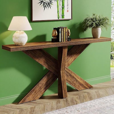 Rustic Brown 70.9" Farmhouse Console Table with Geometric Base – Entryway, Hallway or Sofa Table - 70.9" x 11.81" x 33.46"