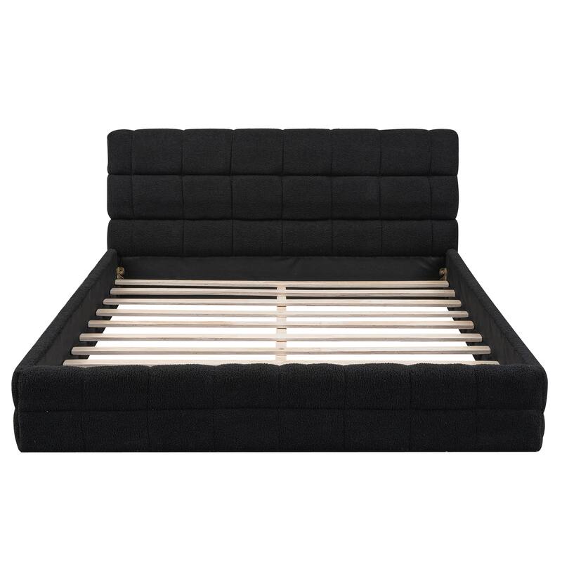 Modern Upholstered Platform Bed Frame Grounded Bed Frame with Striped Headboard/Wood Slats Support/No Box Spring/Easy Assembly