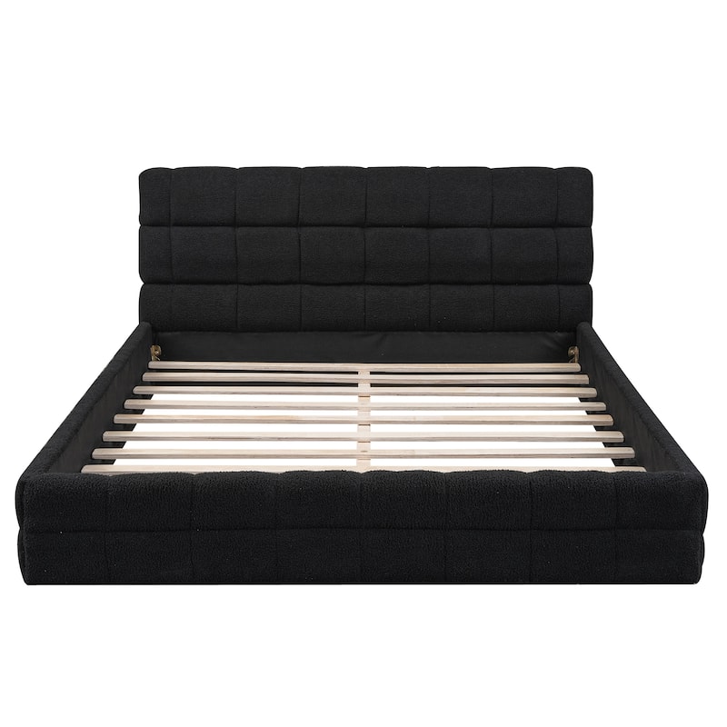 Queen Size Upholstered Platform Bed in Black with Headboard and Sturdy Construction