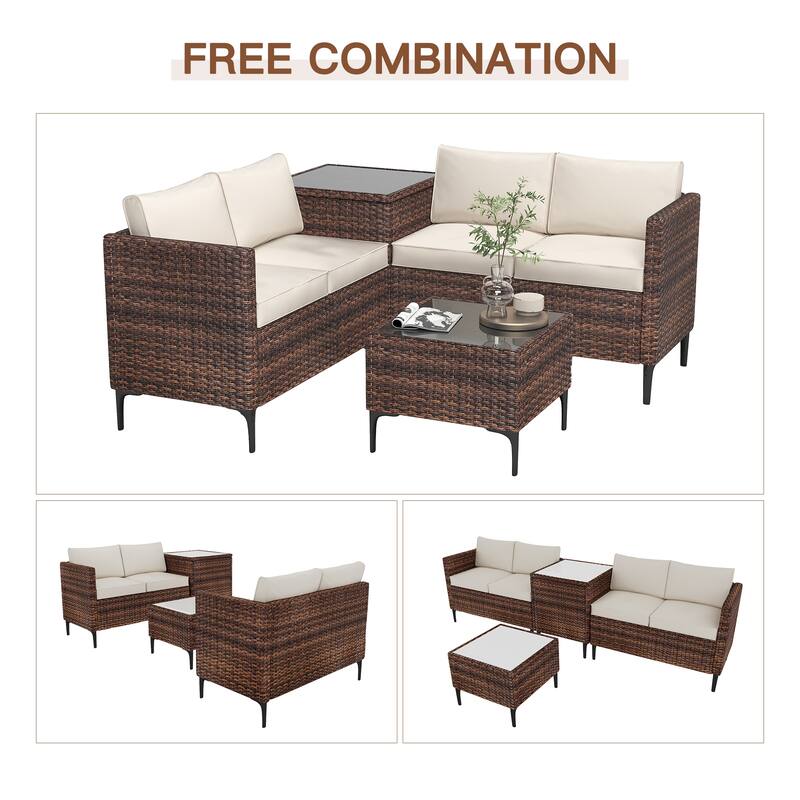 4-Piece Rattan Patio Set – Modular Sectional with Storage Box & Glass Table, Weather-Resistant for Outdoor Lounge,