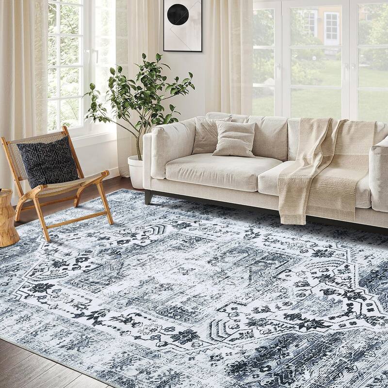Vintage Medallion Living Room Rug Washable Soft Non-Slip Low Pile Area Rug Indoor Distressed Accent Rug - 4'x6' - Gray/Multi