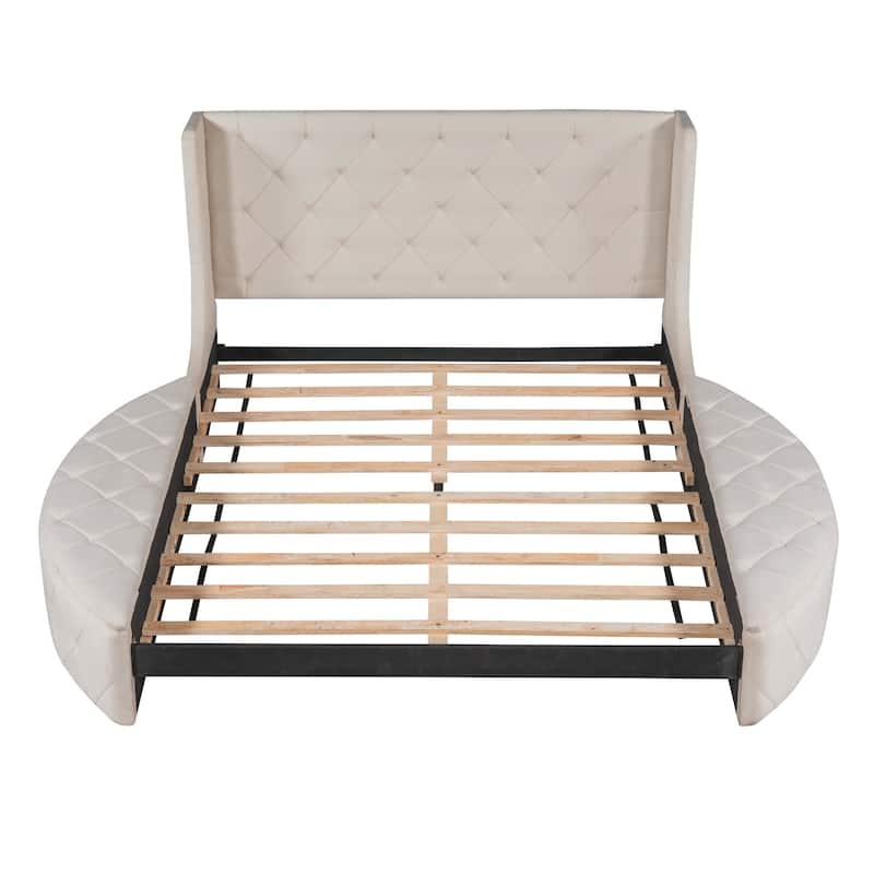 Upholstered Platform Bed Queen Size Storage Velvet Bed with Wingback Headboard and 1 Big Drawer,2 Side Storage Stool(Beige) - N/A
