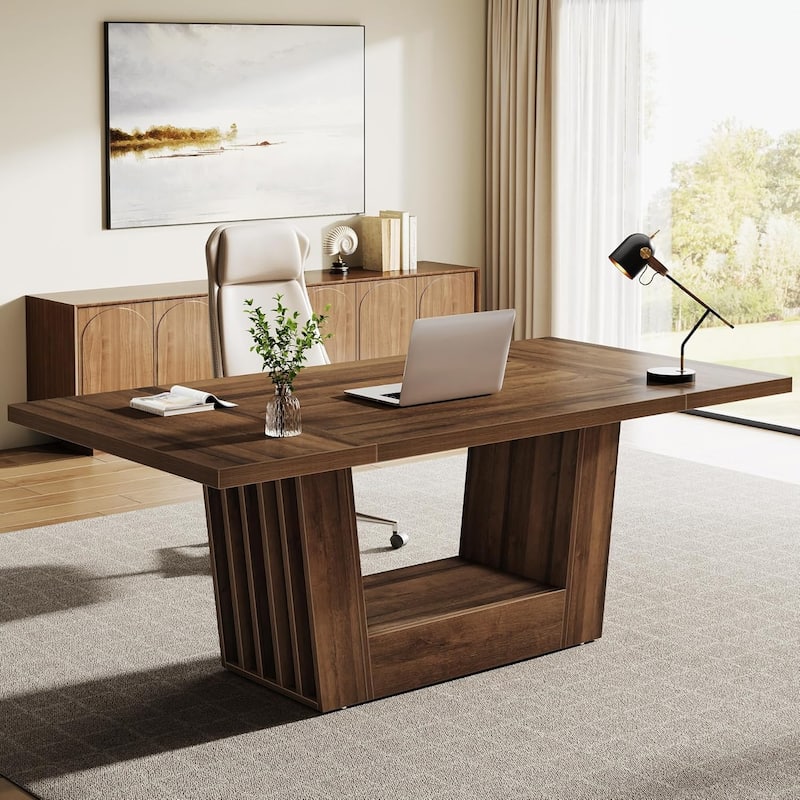 63 Inches Executive Desk, Computer Home Office Desk with Robust Base - Walnut Brown