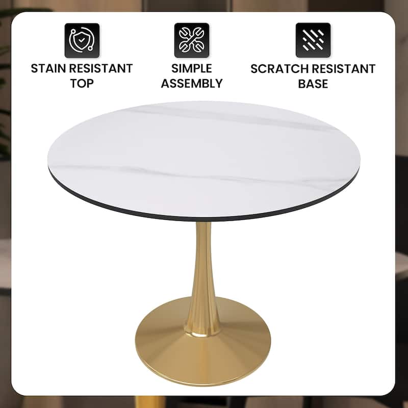 Bristol 31" Round Dining Table for 4 with Sintered Stone Tabletop in Gold Steel Base for Kitchen & Dining Room