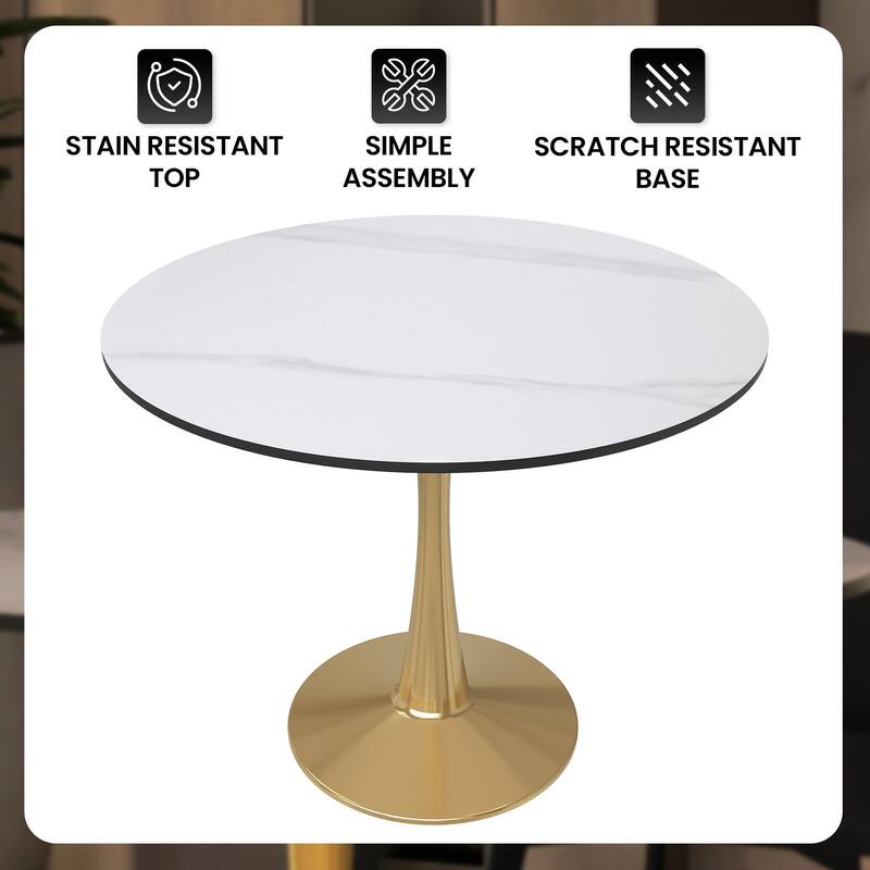 LeisureMod Bristol 31" Round Dining Table for 4 with MDF Wood Tabletop in Gold Steel Base for Kitchen & Dining Room