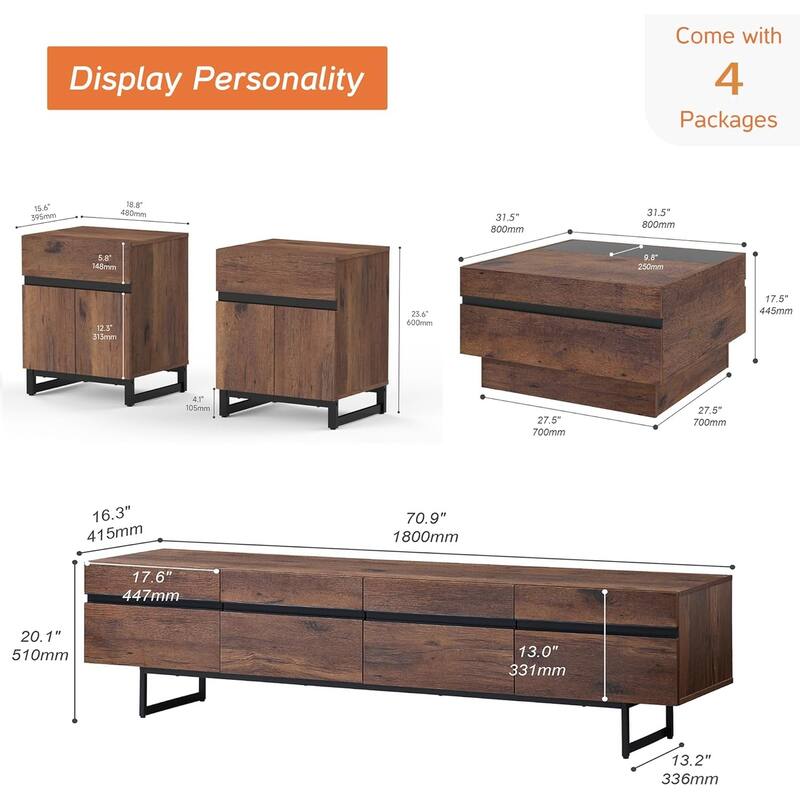 WAMPAT Living Room Table Sets of 4, 70 Inch TV Stand，1 Square Coffee Table and 2 End Table