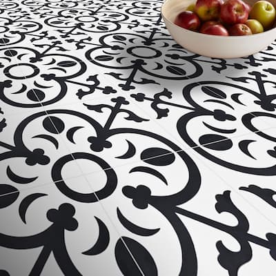 Nador Handmade Cement Tile, 8''x8'', White-Black (Morocco)