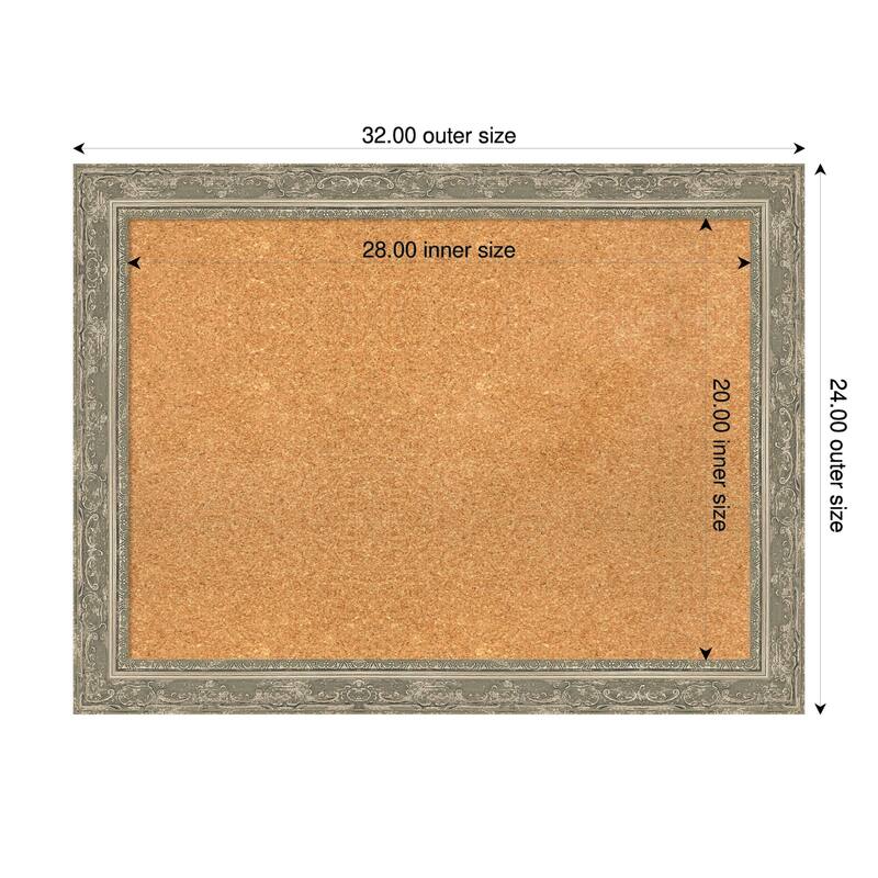 Filigree Silver Framed Cork Board - Bulletin Board, Organization Board, Pin Board - Natural - 32 x 24 in