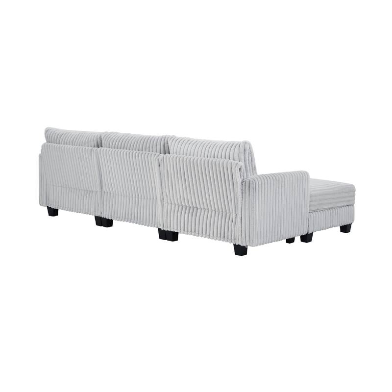 L-Shaped Modular Sectional Sofa, Vertical Corduroy Upholstered Sofa with Dual Charging Ports, Comfy 3 Seat Sofa with Ottoman