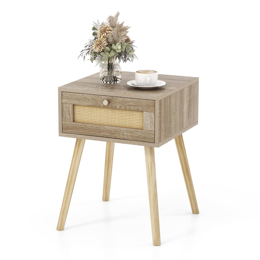 Gymax Nightstand Bedside End Sofa Table with Rattan Drawer for Bedroom
