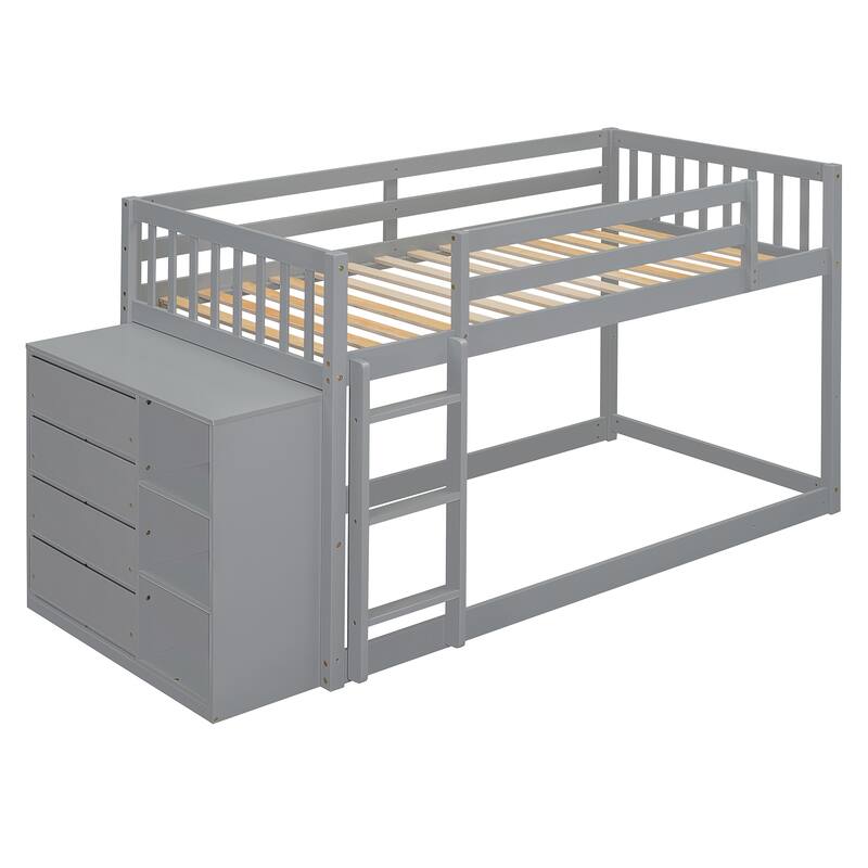Twin Over Twin Bunk Bed with Storage, 4 Drawers, 3 Shelves, Gray Finish