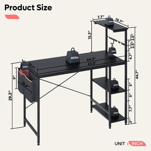 dimension image slide 5 of 9, Computer Desk Home Office Desk with LED & Adjustable Shelves