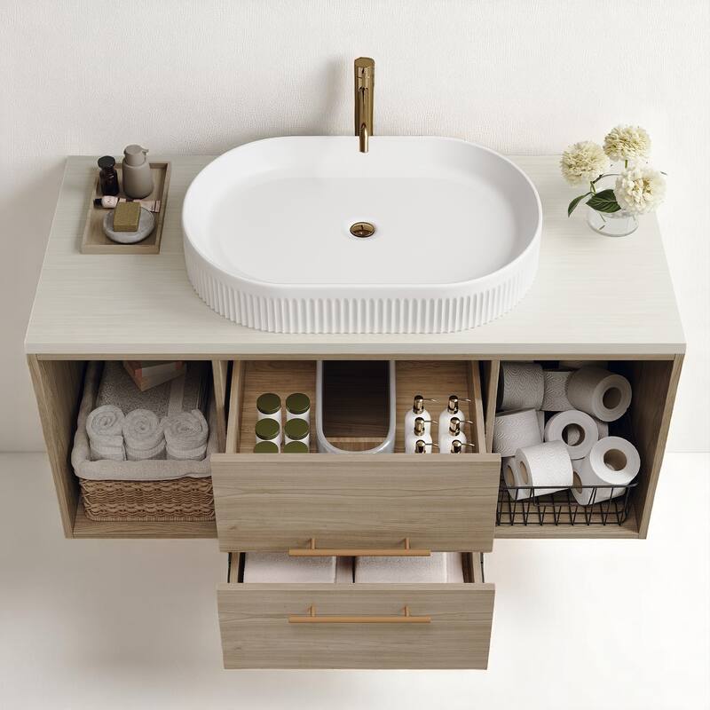Wall-Mounted Bathroom Vanity with Ceramic Sink, 38.2" Floating Cabinet with Drawers & Shelves, Soft-Close Storage