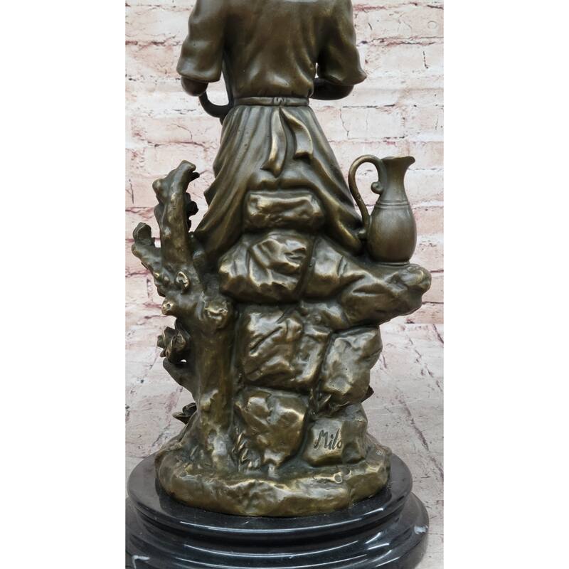 Classical Young Girl W/ Lyre Harp- Greek Roman Decor Bronze Sculpture By Milo