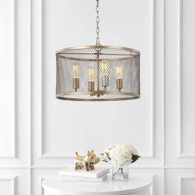 Nile 4-Light 20" Iron Adjustable Industrial Mesh LED Pendant, Gold by JONATHAN Y