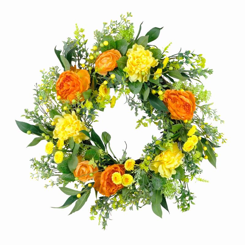 Peony Floral Artificial Spring Wreath - 24" - Yellow
