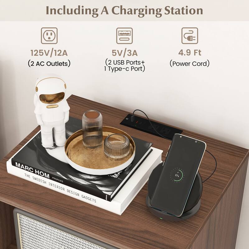 Gymax Record Player Stand w/Charging Station 5 Storage Compartments