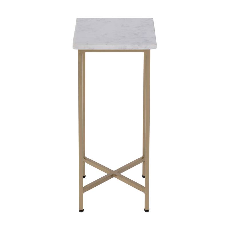 HomeRoots 21" White and Gold Distressed Marble and Iron Square End Table - 9.00 in. x 21.00 in. x 9.00 in.