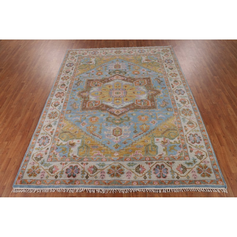 Blue Geometric Heriz Serapi Indian Area Rug Handmade Wool Carpet - 7'10"x 10'0"