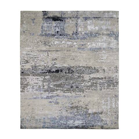 Shahbanu Rugs Gray Abstract Design Wool And Silk Hand Knotted Oriental Rug (8'0" x 9'9") - 8'0" x 9'9"