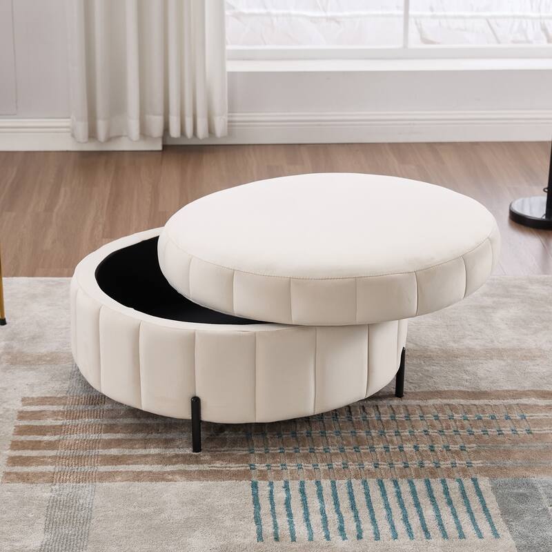 Round Ottoman with Storage, Channel Tufted Pumpkin-Shape Channel Footstool, Upholstered Footrest Stool with Reversible Lid