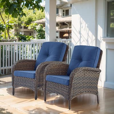 2 Pieces Wicker Patio Chairs Brown-Blue - Brown