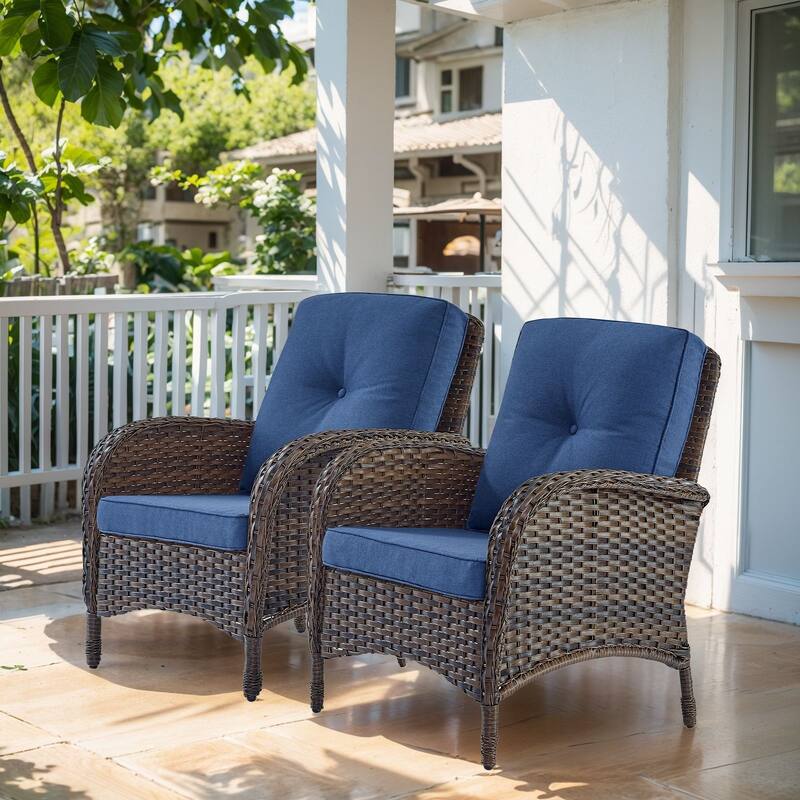 Pocassy Outdoor Wicker Patio Chairs Set - Brown Wicker Blue Cushion - 2PCS Patio Chairs