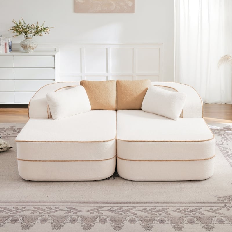 77.2" Symmetrical Fluffy Comfy Modular Sectional Sleeper Sofa with Double Chaises - White