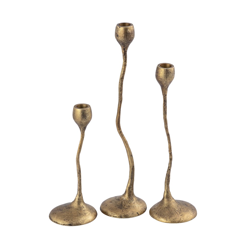 Atlas Rosen Set of 3 Brass Finished Tapered Candle Holder - 15.25 inch H