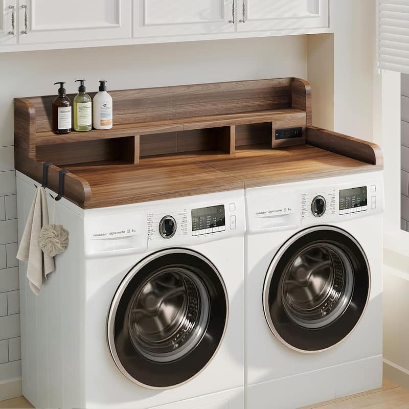 2-Tier Washer and Dryer Countertop with Power Outlet for Fold Clothes, Laundry Topper with Non-Slip Pads and Storage Basket