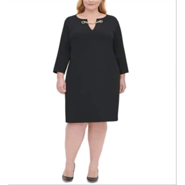 Tommy Hilfiger Women's Embellished Zippered 3/4 Sleeve V Neck Knee Length  Sheathdress Black Size 22W - Bed Bath & Beyond