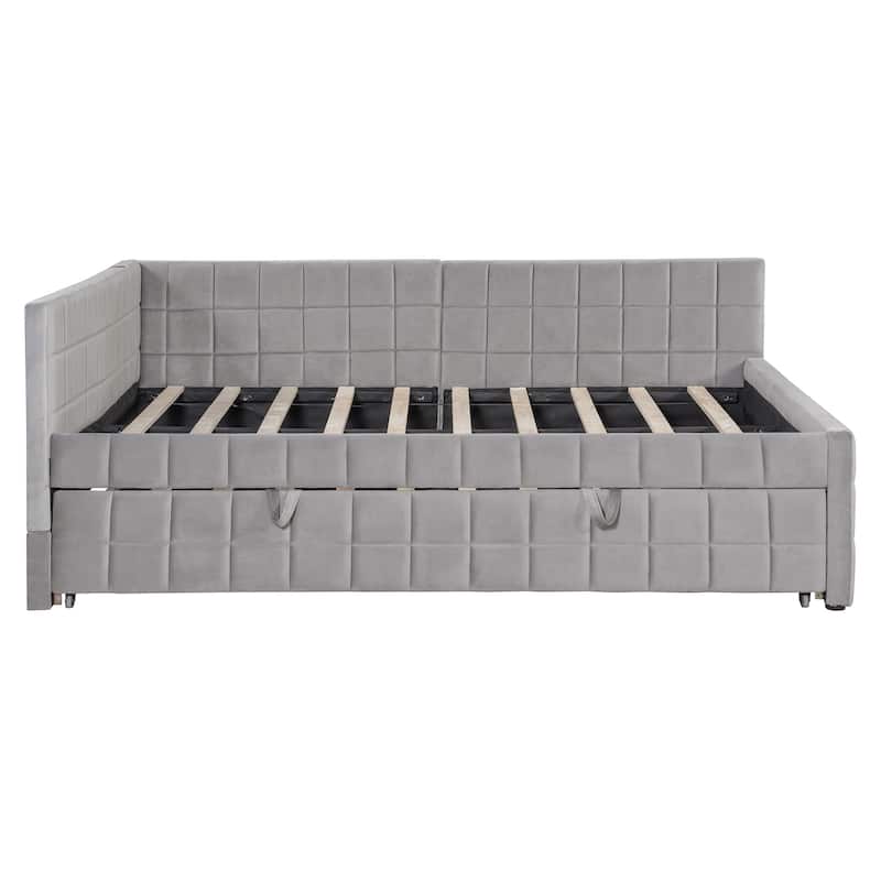 Full Size Daybed with Pull-Out Lift-Up Trundle, Upholstered Daybed Platform Bed with Stripes L-Shaped Backrest and Wood Slats