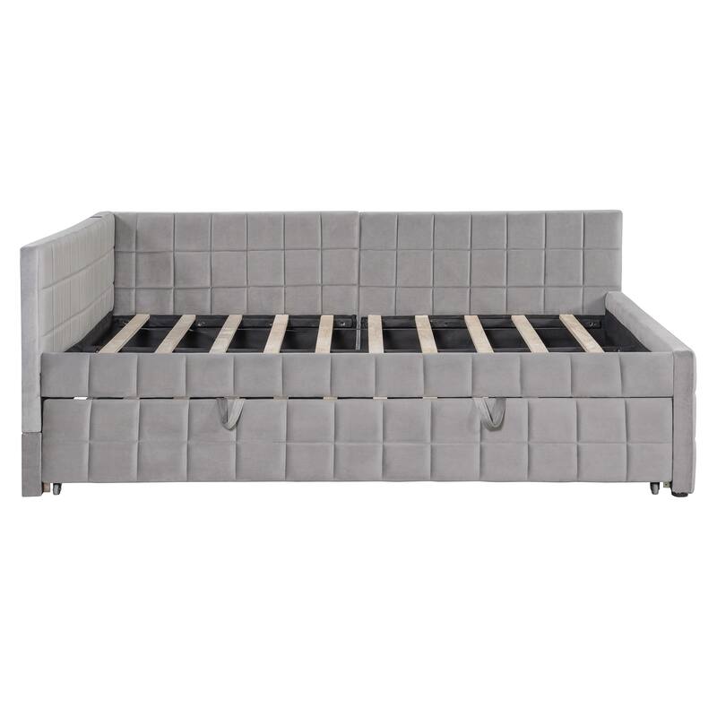 Roomfitters Full L-Shaped Upholstered Daybed with Twin Pop-Up Trundle and Built-In USB Ports