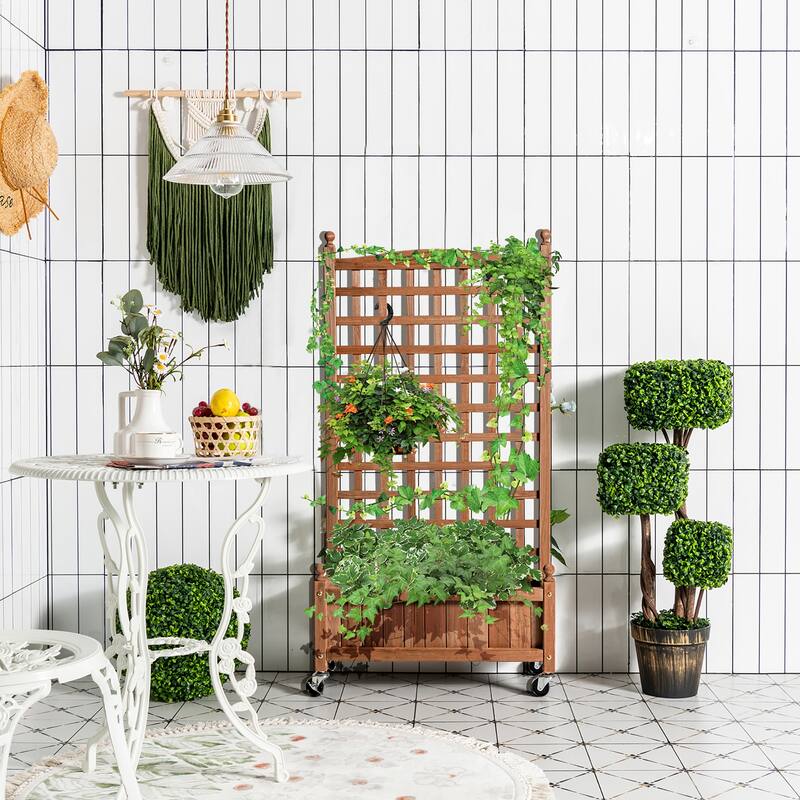 Costway 2PC 50in Wood Planter Box w/Trellis Mobile Raised Bed for - See details
