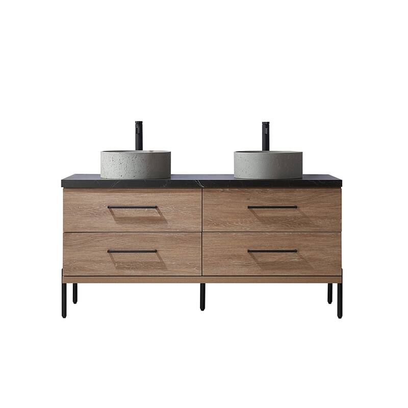 Trento Bath Vanity with Sintered Stone Top with Concrete Sink (R) - 60 in. - North American Oak-No Mirror