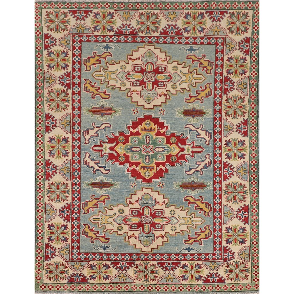 Light Blue Kazak Oriental Area Rug Handmade Bedroom Wool Carpet - 4'10" x 6'5"