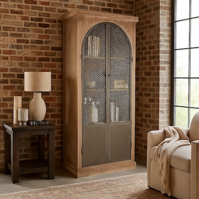 Ary Curio Cabinet, Arch Iron Mesh Door, 93 Inch Tall, Brown Pine Wood