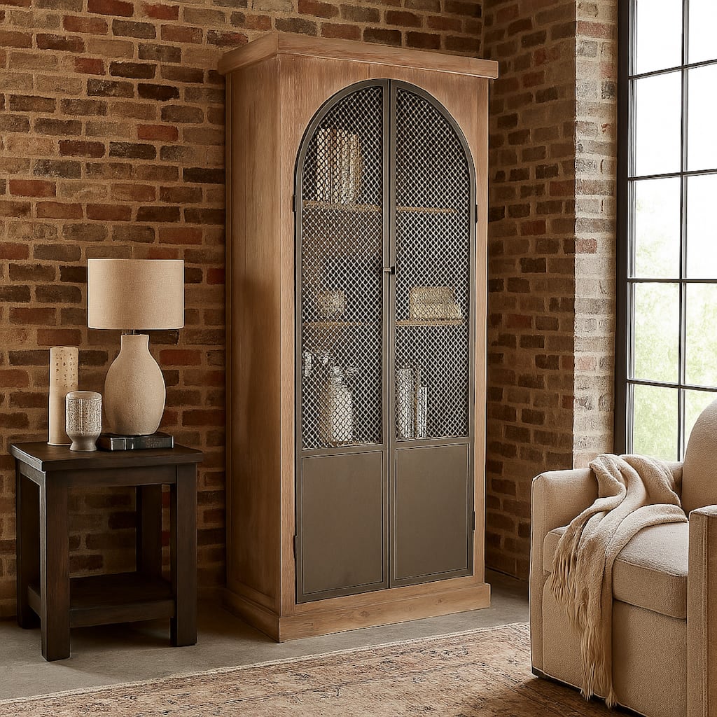 Ary Curio Cabinet, Arch Iron Mesh Door, 93 Inch Tall, Brown Pine Wood