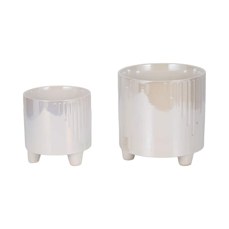 Sagebrook Home's Ceramic Iridescent Line Footed Planters, Ivory, Set of 2 - 8" x 8" x 8"