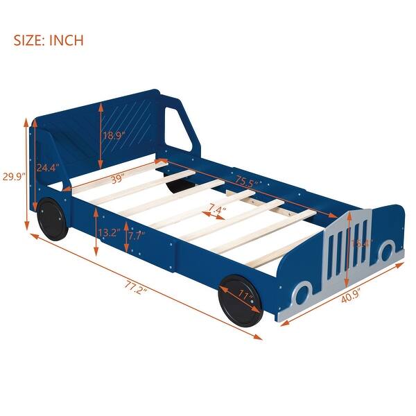 dimension image slide 2 of 3, Twin Size Car-Shaped Platform Bed Frame w/ Wheels Creative Trundle Bed for Kids, Teens No Box Spring Needed, Easy Assembly