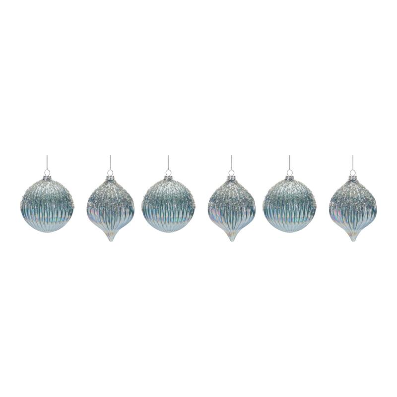 Set of 6 Beaded Iridescent Glass Christmas Ball & Onion Ornaments 5.5"
