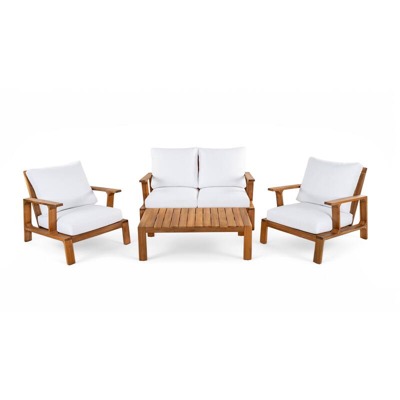 Roomfitters 4 Piece Outdoor Patio Conversation Set with Solid Acacia Wood Frame and Cushions