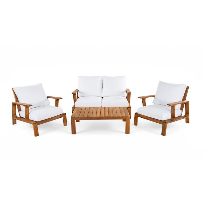 Scott Living Doris 4 Piece Outdoor Slat Design Acacia Wood Upholstered Seating Set