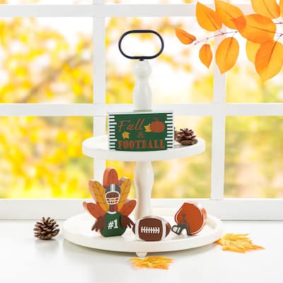 Glitzhome Thanksgiving Wooden Turkey Table Decor Set with Tiered Tray
