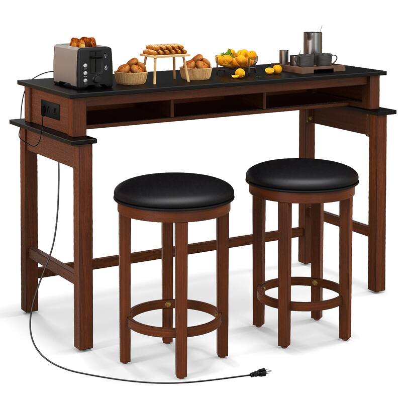 Gymax 3-Piece Home Bar Set Counter Height Bar Table w/ 2 Upholstered - Black - Wood